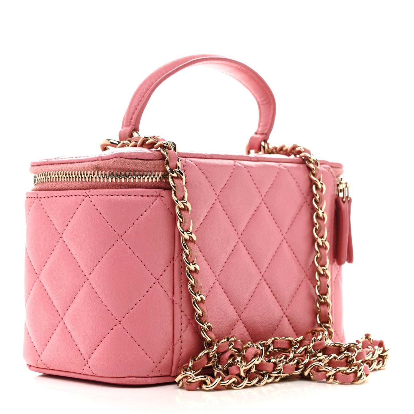 Lambskin Quilted Small Top Handle Vanity Case With Chain Pink