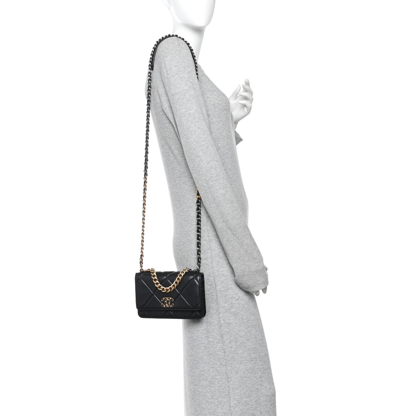 Lambskin Quilted Chanel 19 Wallet On Chain WOC Black