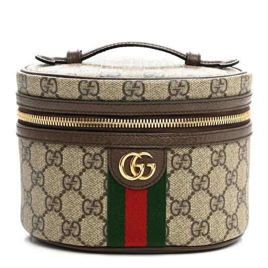 GG Supreme Monogram Textured Calfskin Web Ophidia Vanity Cosmetic Case Beige Ebony New Acero