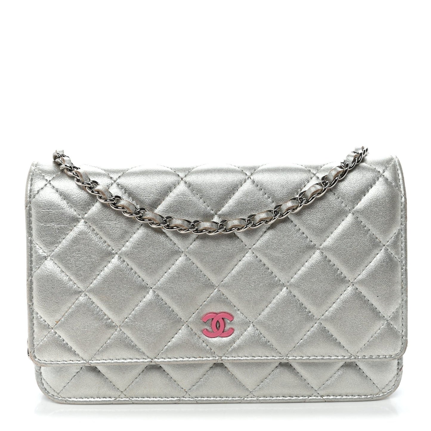 Metallic Lambskin Quilted Wallet On Chain WOC Silver