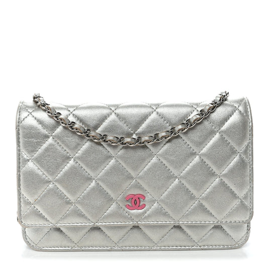 Metallic Lambskin Quilted Wallet On Chain WOC Silver