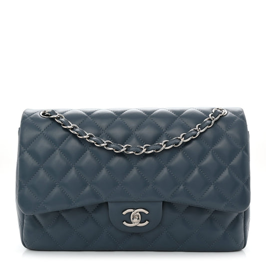 Lambskin Quilted Jumbo Double Flap Dark Blue