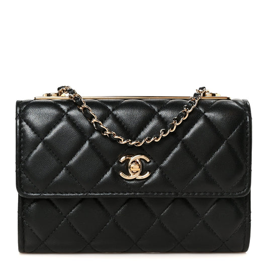 Lambskin Quilted Trendy CC Chain Clutch WOC Black