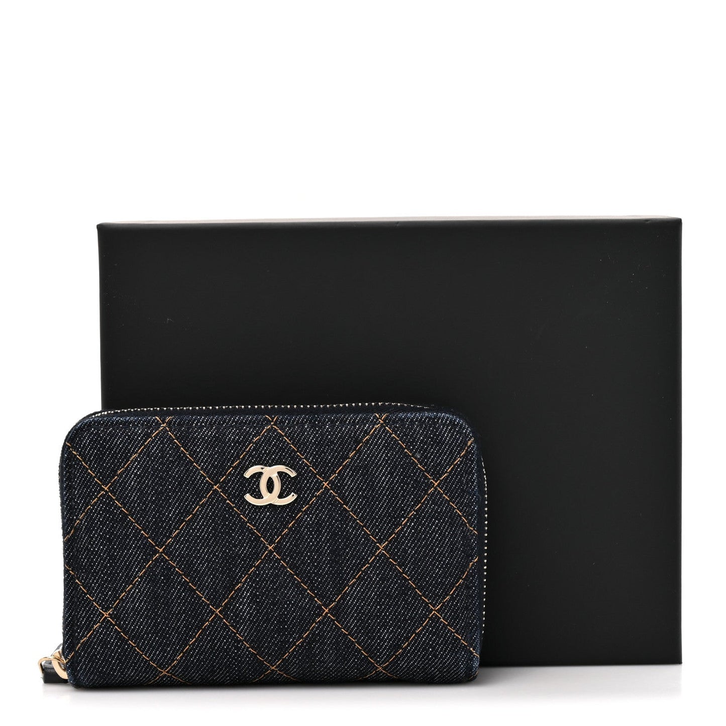 Denim Quilted Zip Coin Purse Dark Blue Orange