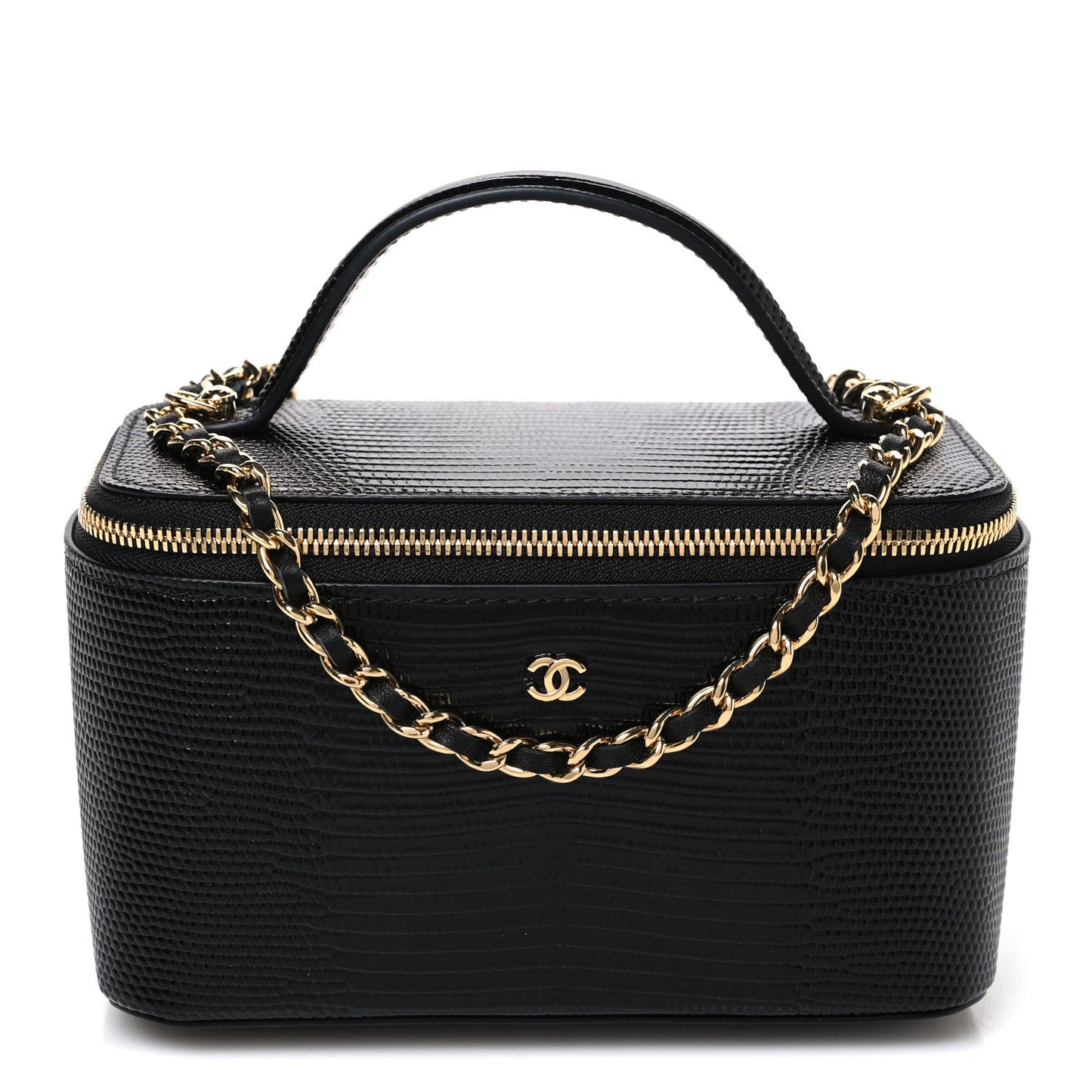 Calfskin Lizard Embossed Top Handle Vanity With Chain Black