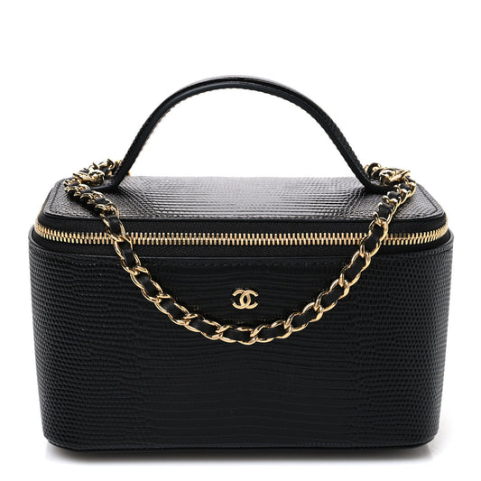 Calfskin Lizard Embossed Top Handle Vanity With Chain Black