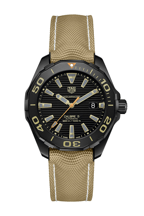 Tag Heuer Aquaracer 300 Calibre 5 Automatic Black Dial Brown Nylon Strap Watch for Men - WAY208C.FC6383
