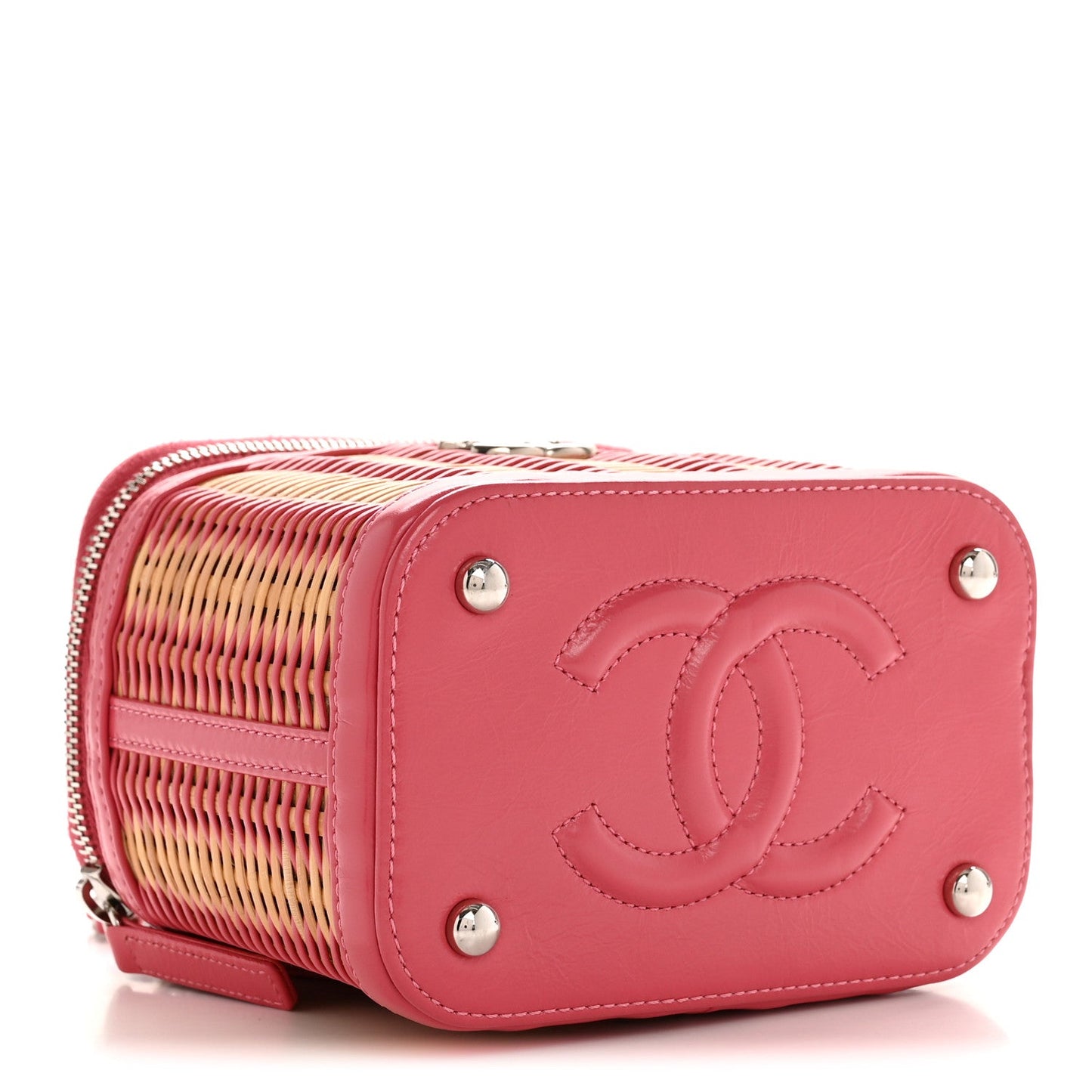 Calfskin Raffia Small Take Away Vanity Case Bag Pink Beige