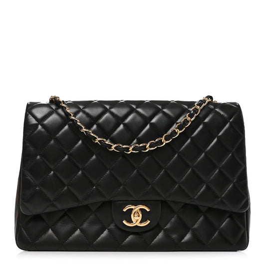 Lambskin Quilted Maxi Double Flap Black