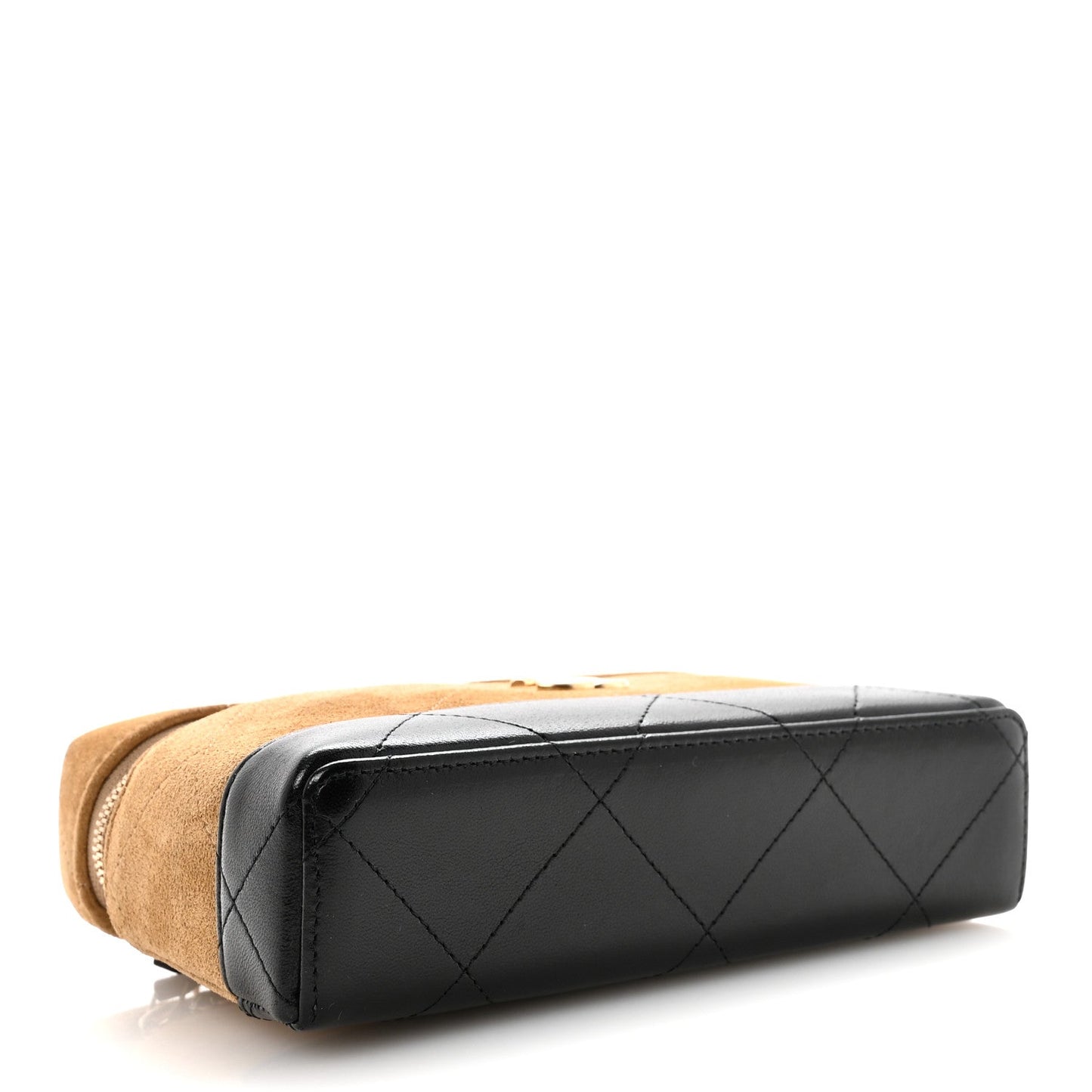 Suede Calfskin Shiny Lambskin Quilted Top Handle Slim Vanity Case With Chain Beige Black