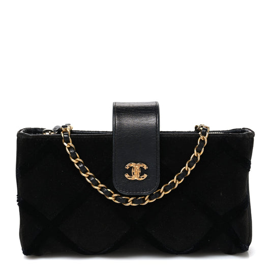 Velvet Quilted Small Clutch With Chain  Black