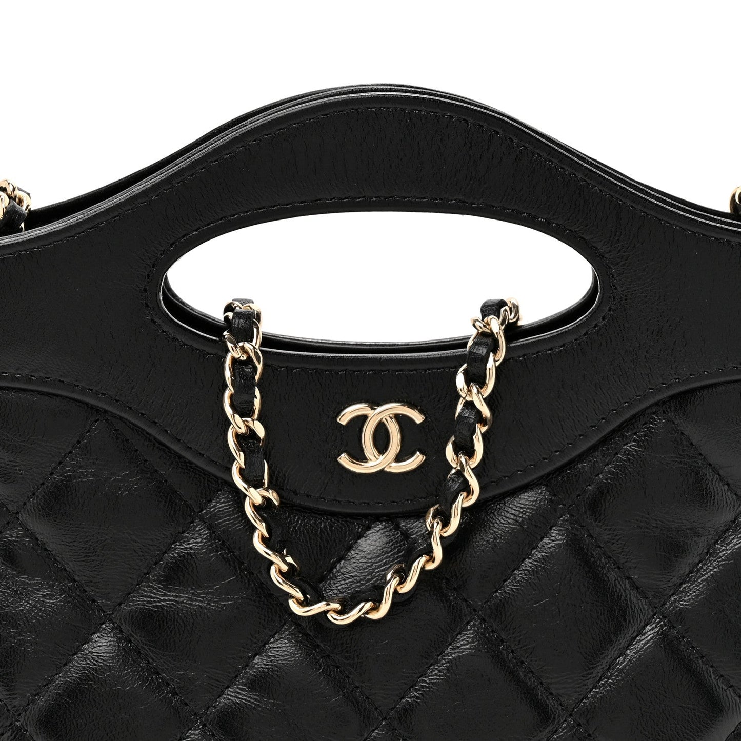 Shiny Crumpled Calfskin Quilted Nano 31 Shopping Bag Black