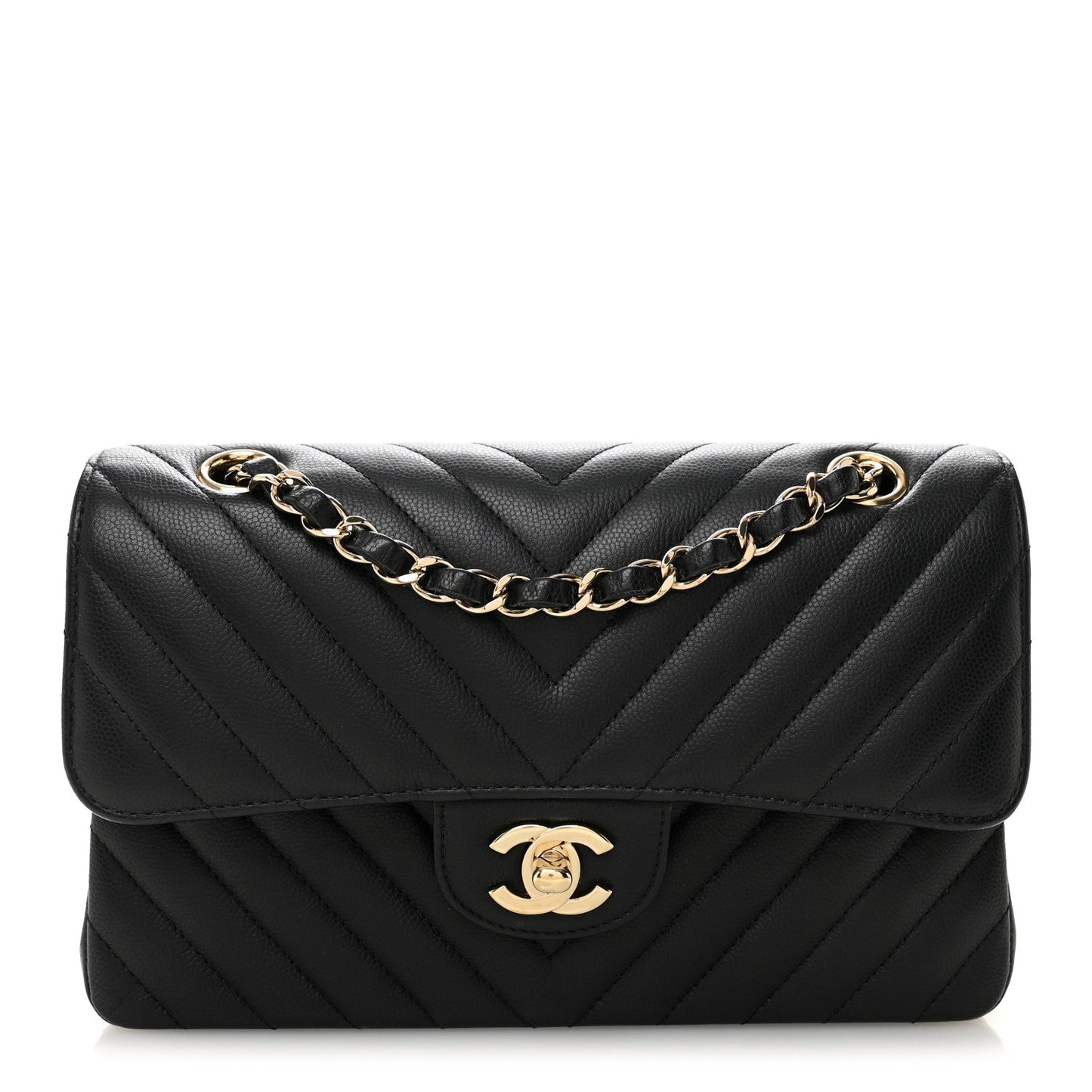 Caviar Flat Chevron Quilted Small Double Flap Black