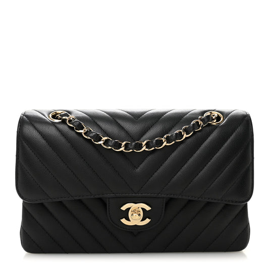 Caviar Flat Chevron Quilted Small Double Flap Black