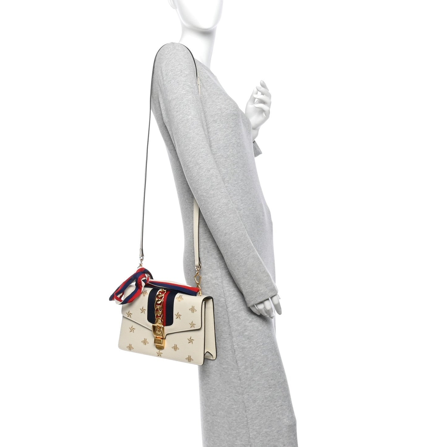 Textured Calfskin Bee Star Print Small Sylvie Shoulder Bag Mystic White
