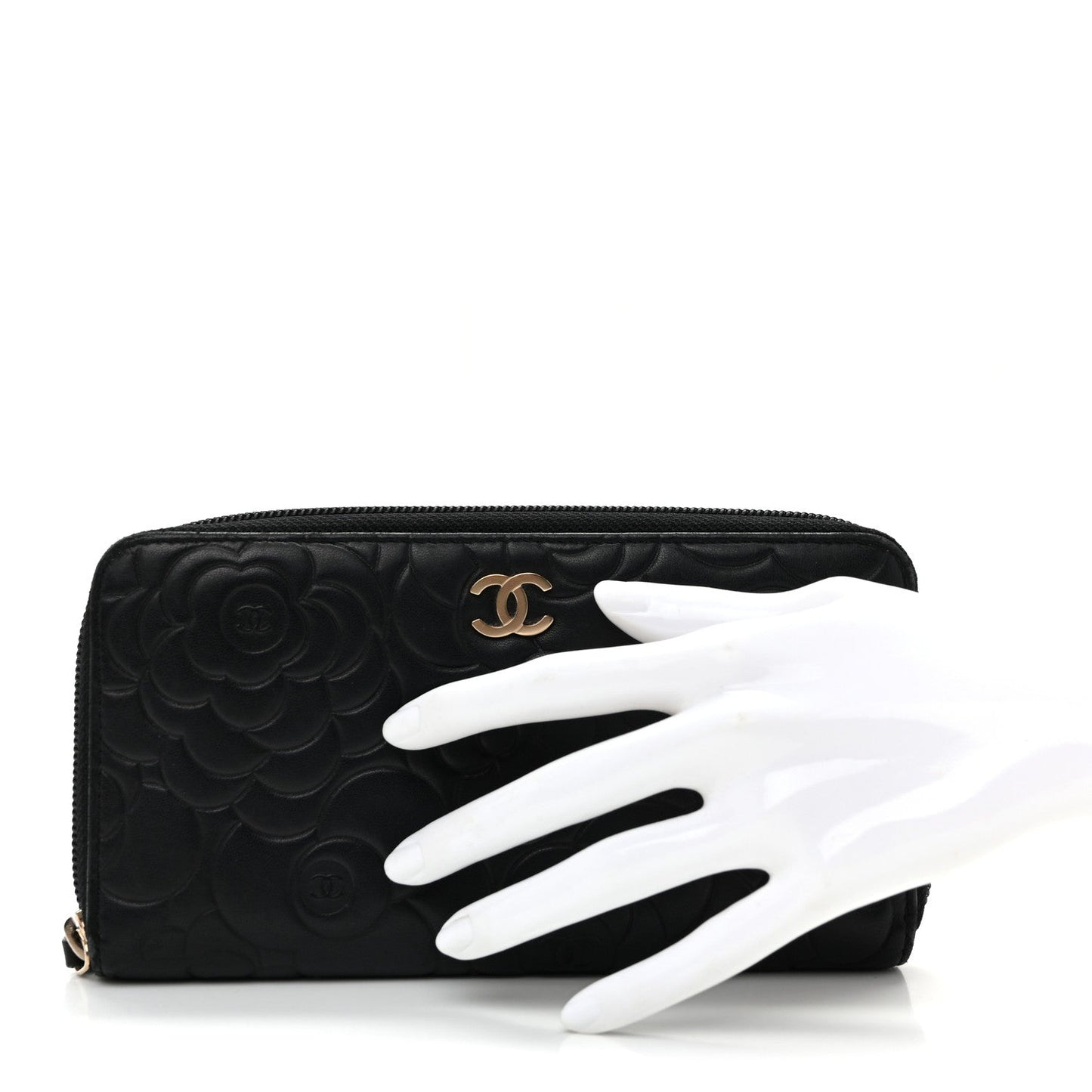Lambskin Camellia Embossed Large Zip Around Gusset Wallet Black