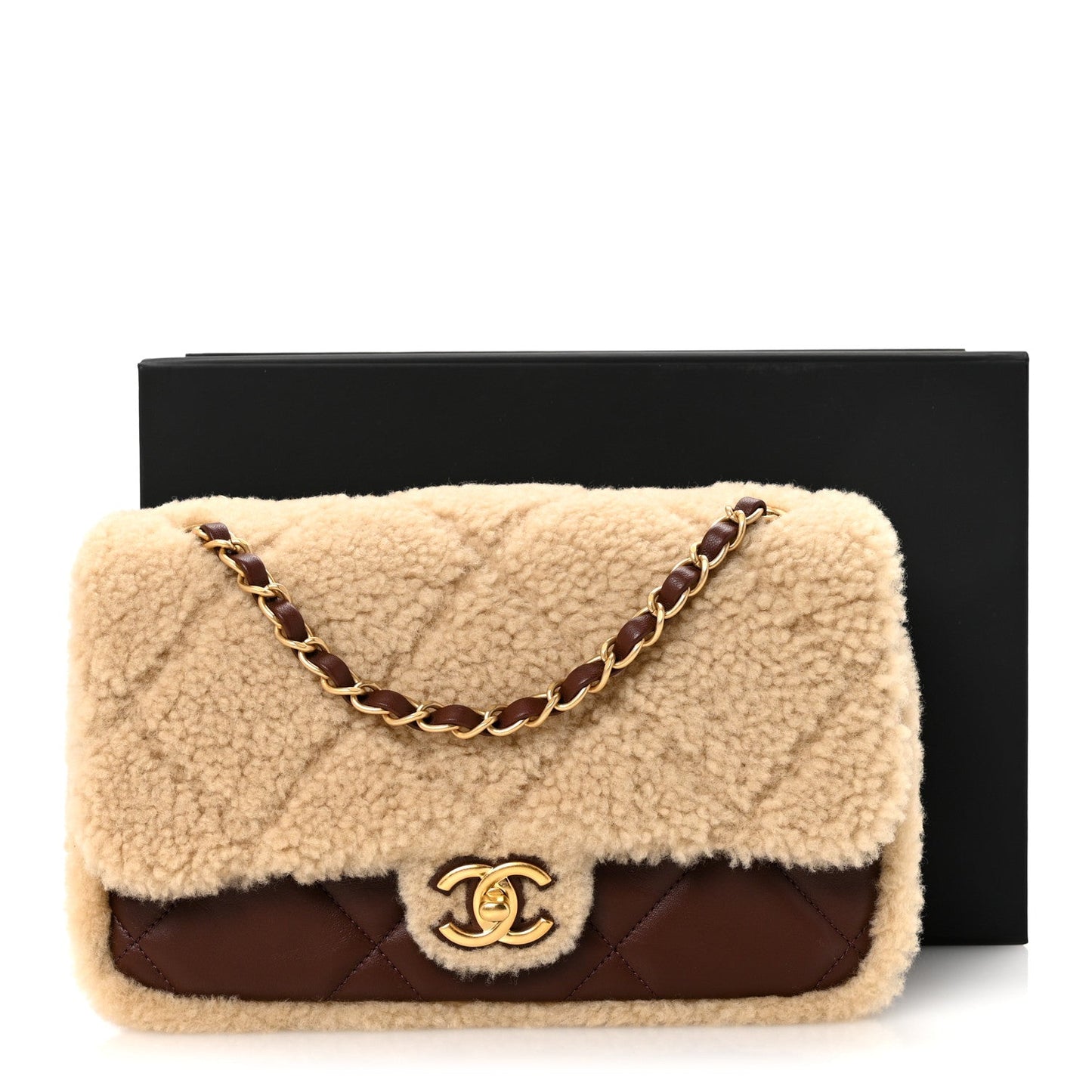 Shearling Lambskin Quilted Furry Coco Flap Beige Dark Brown