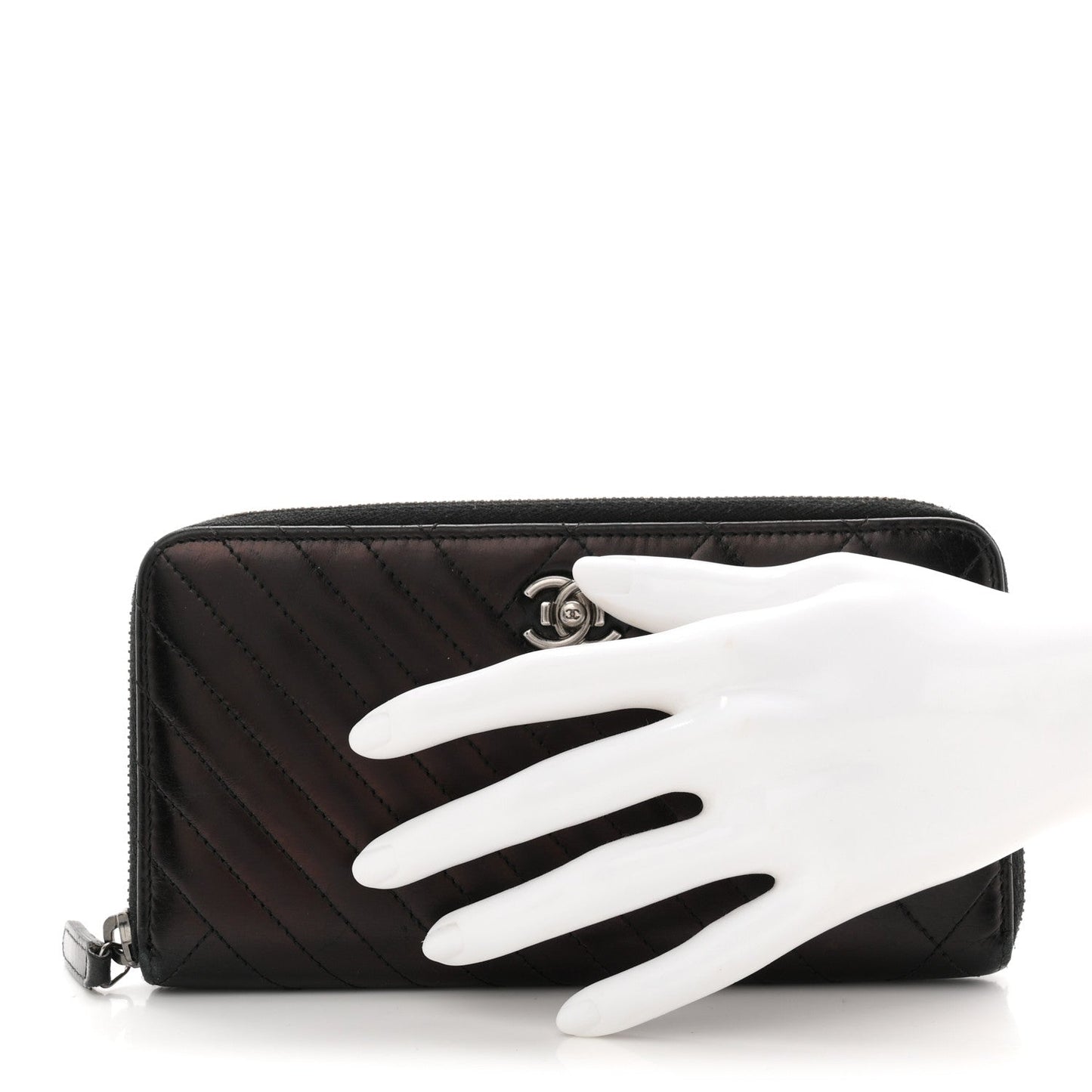 Glazed Calfskin Quilted Small Coco Boy Zip Around Wallet Black