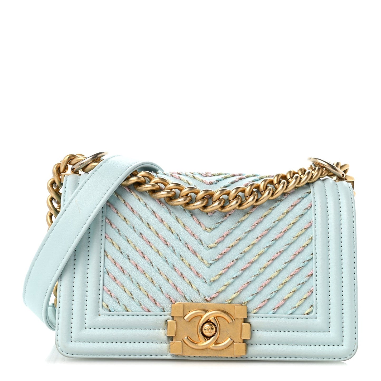 Calfskin Chevron Embroidered Small Boy By The Sea Flap Light Blue