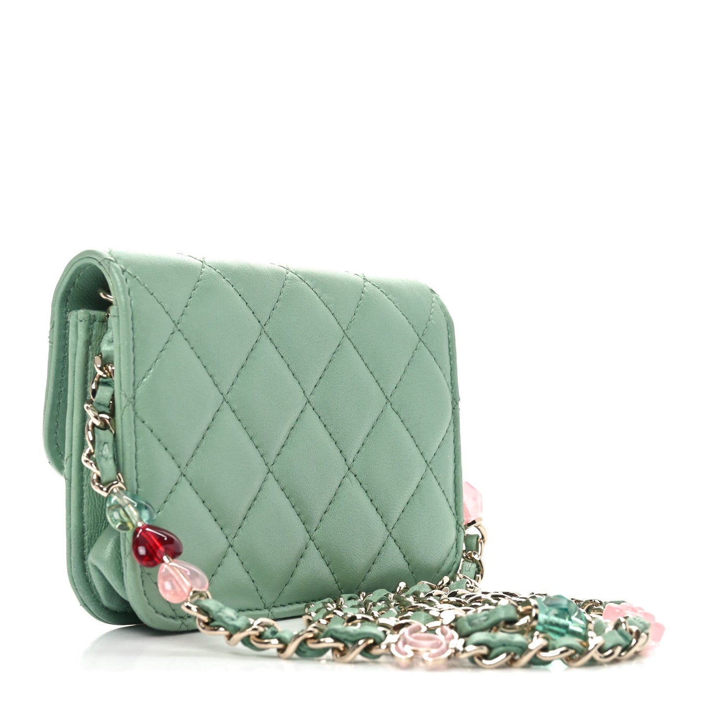 Lambskin Resin Quilted Mini Heart Coin Purse With Chain Light Green