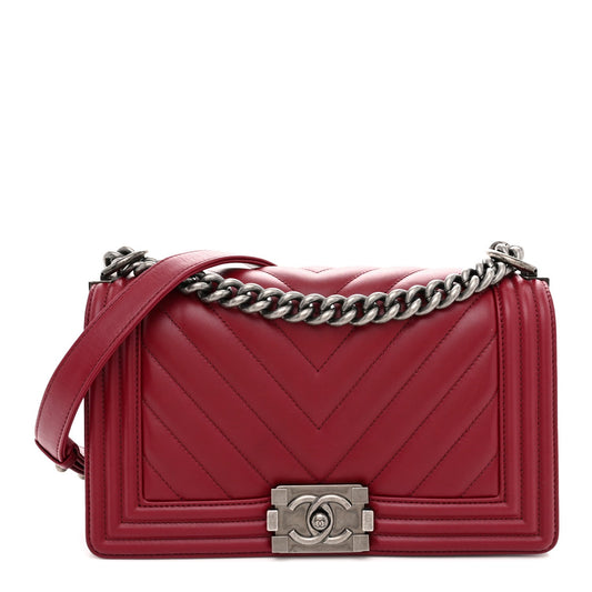 Calfskin Chevron Quilted Medium Boy Flap Burgundy