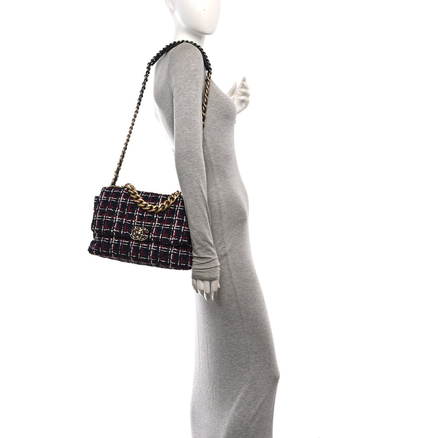 Tweed Quilted Large Chanel 19 Flap Navy Blue White Red