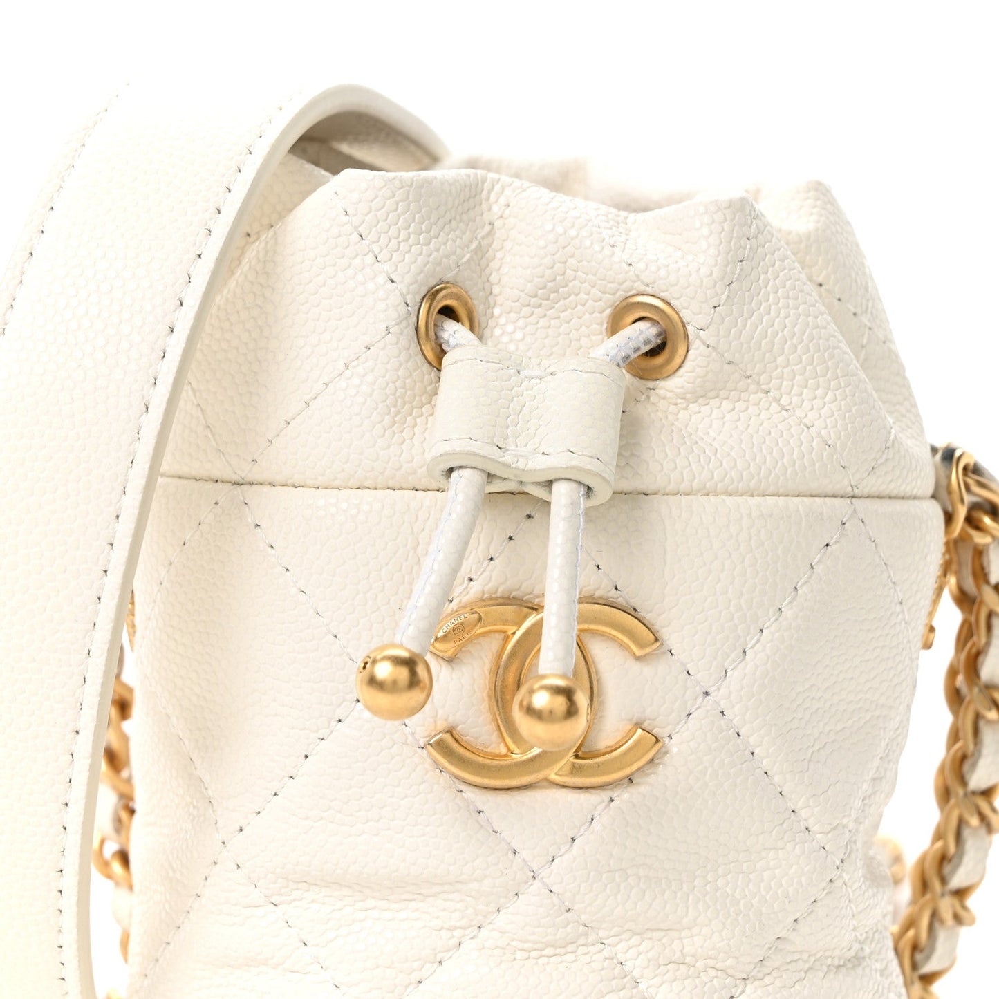 Caviar Quilted Twist Your Buttons Mini Bucket Bag White