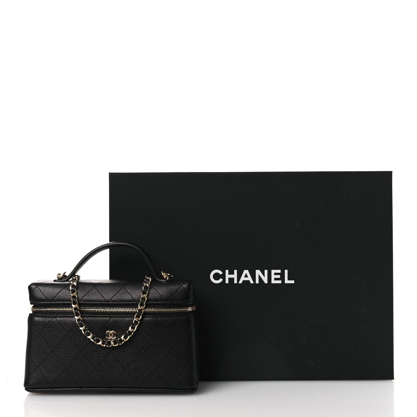 Goatskin Stitched Top Handle Slim Vanity With Chain Black