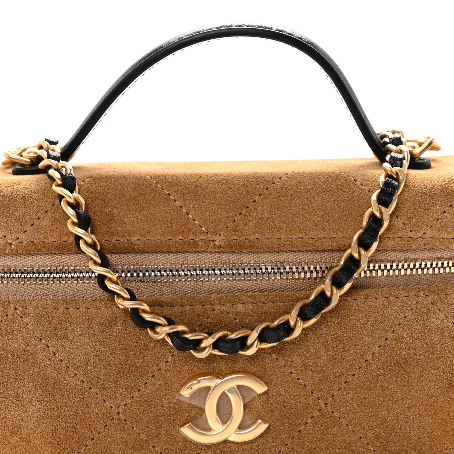 Suede Calfskin Shiny Lambskin Quilted Top Handle Slim Vanity Case With Chain Beige Black