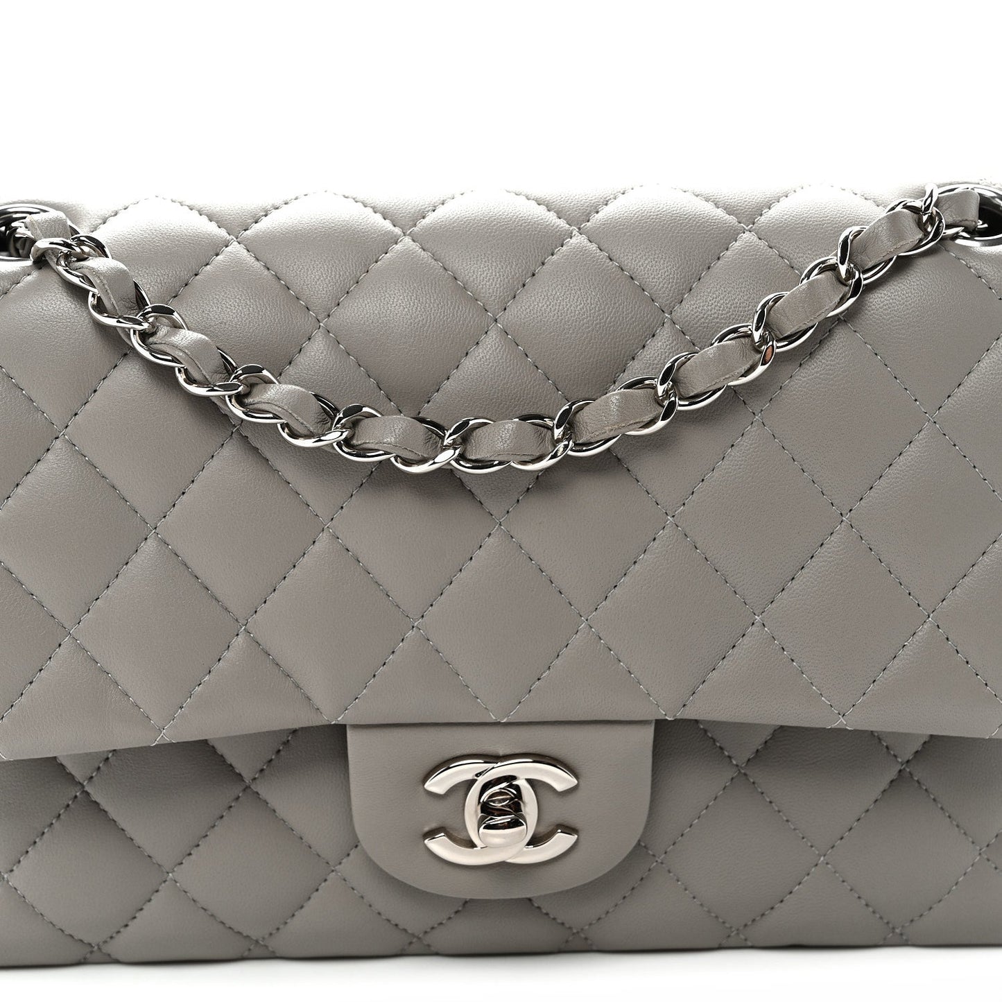 Lambskin Quilted Medium Double Flap Grey