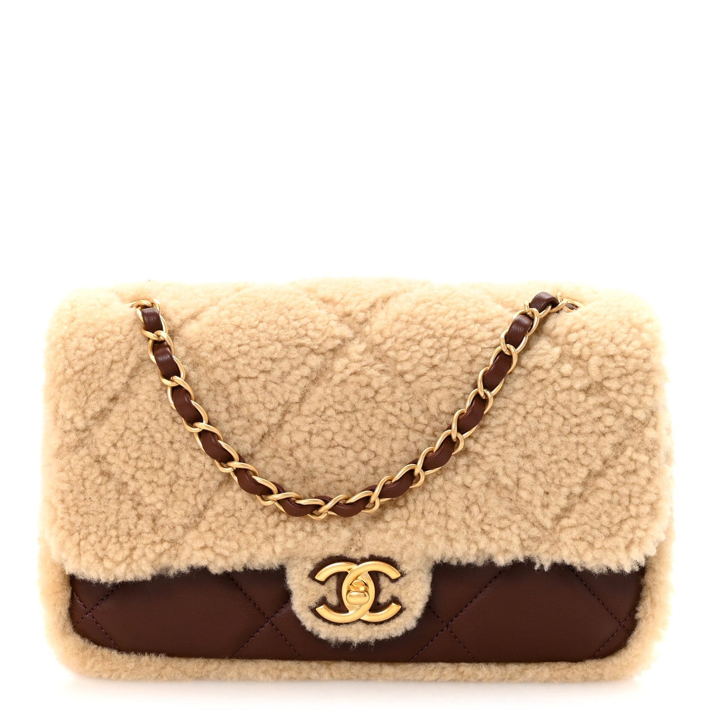 Shearling Lambskin Quilted Furry Coco Flap Beige Dark Brown