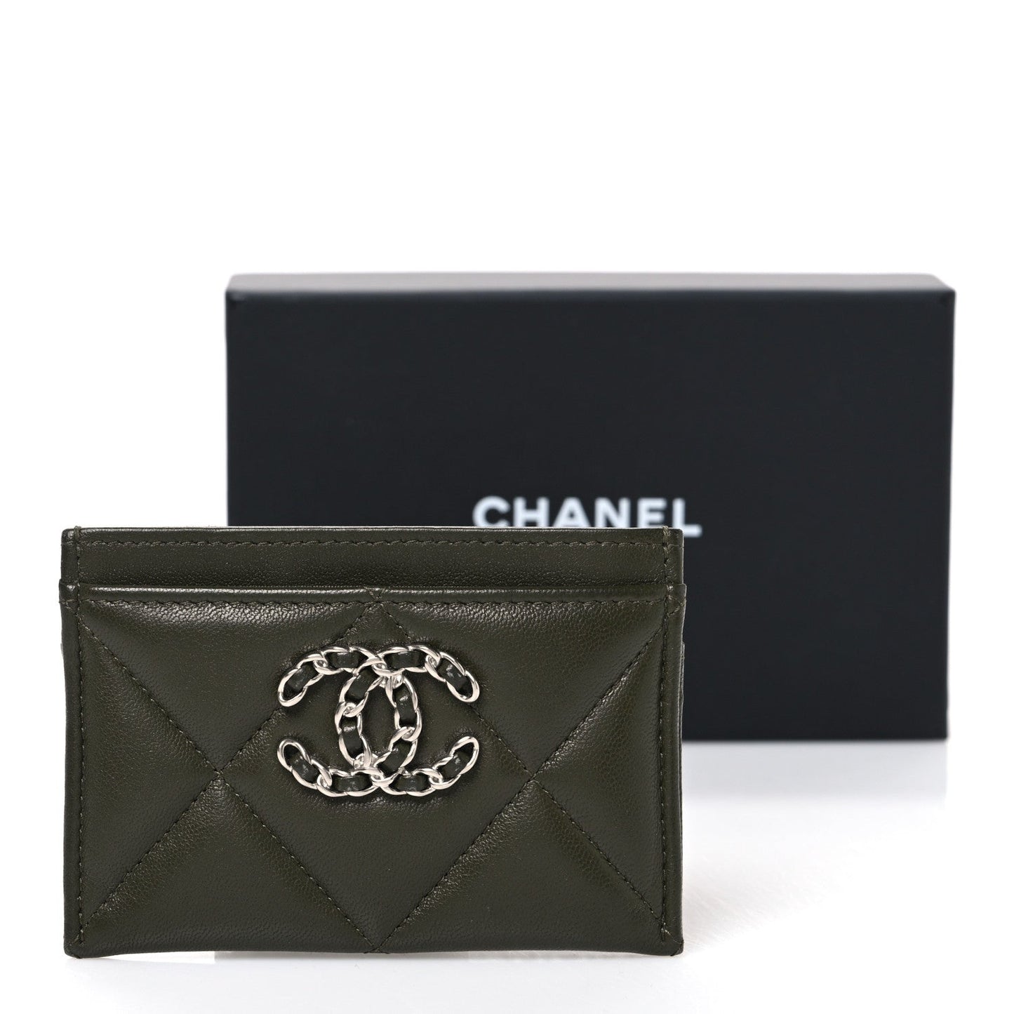 Lambskin Quilted Chanel 19 Card Holder Khaki