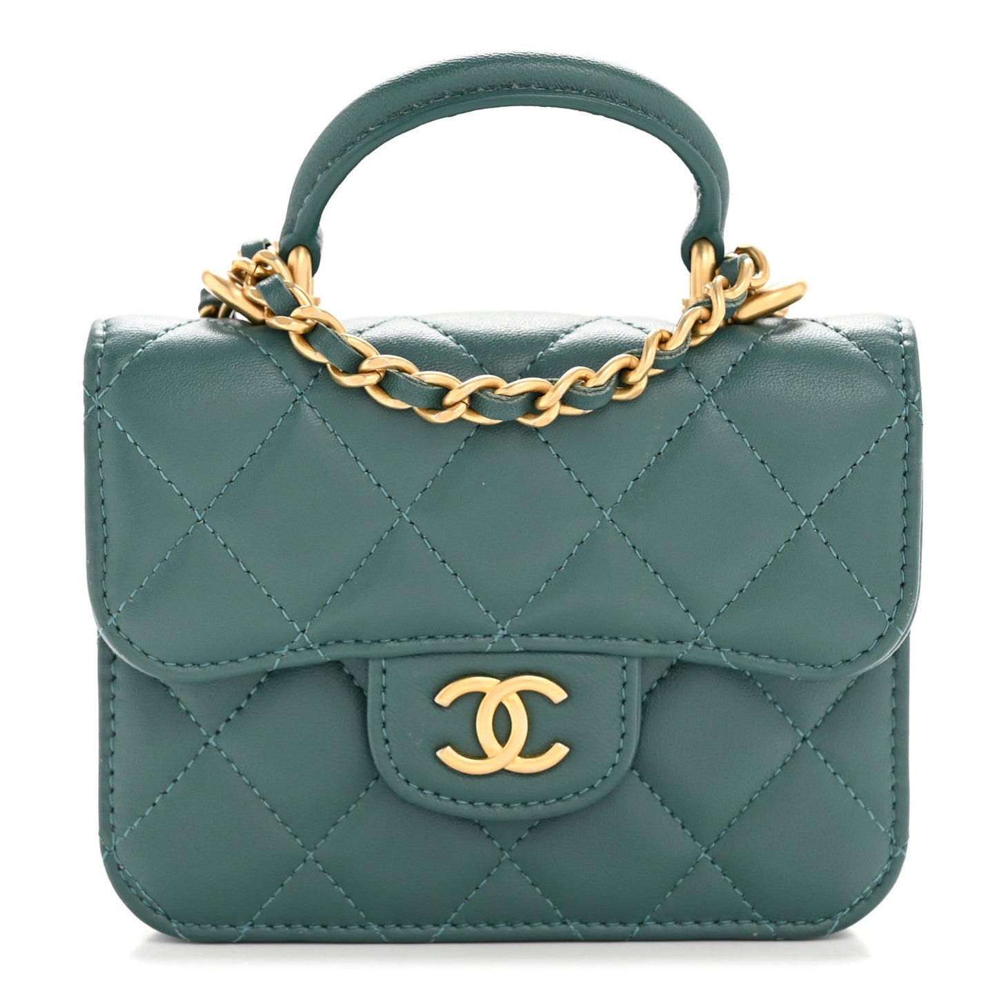 Lambskin Quilted Top Handle Flap Coin Purse With Chain Green