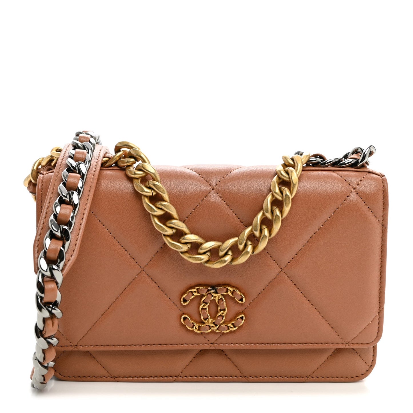 Lambskin Quilted Chanel 19 Wallet On Chain WOC Brown