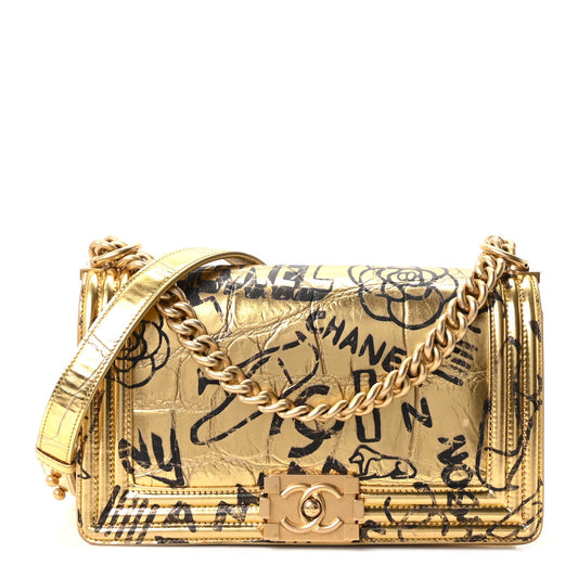 Metallic Calfskin Crocodile Embossed Graffiti Medium Cocodile Boy Flap Gold