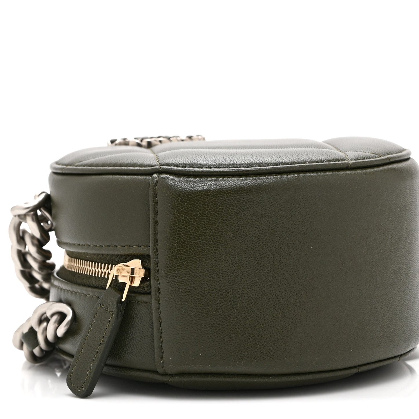 Lambskin Quilted Chanel 19 Round Clutch With Chain Khaki