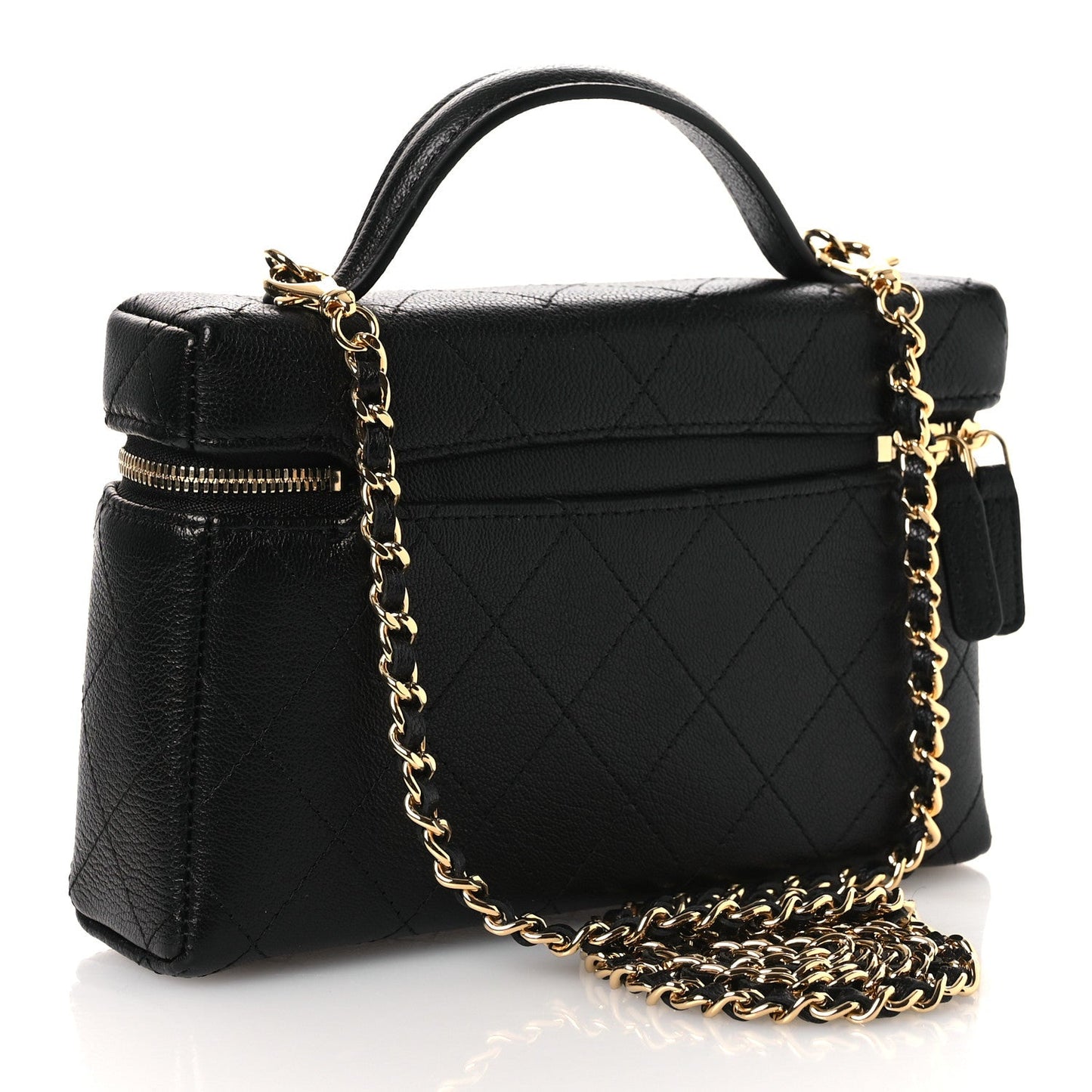 Goatskin Stitched Top Handle Slim Vanity With Chain Black
