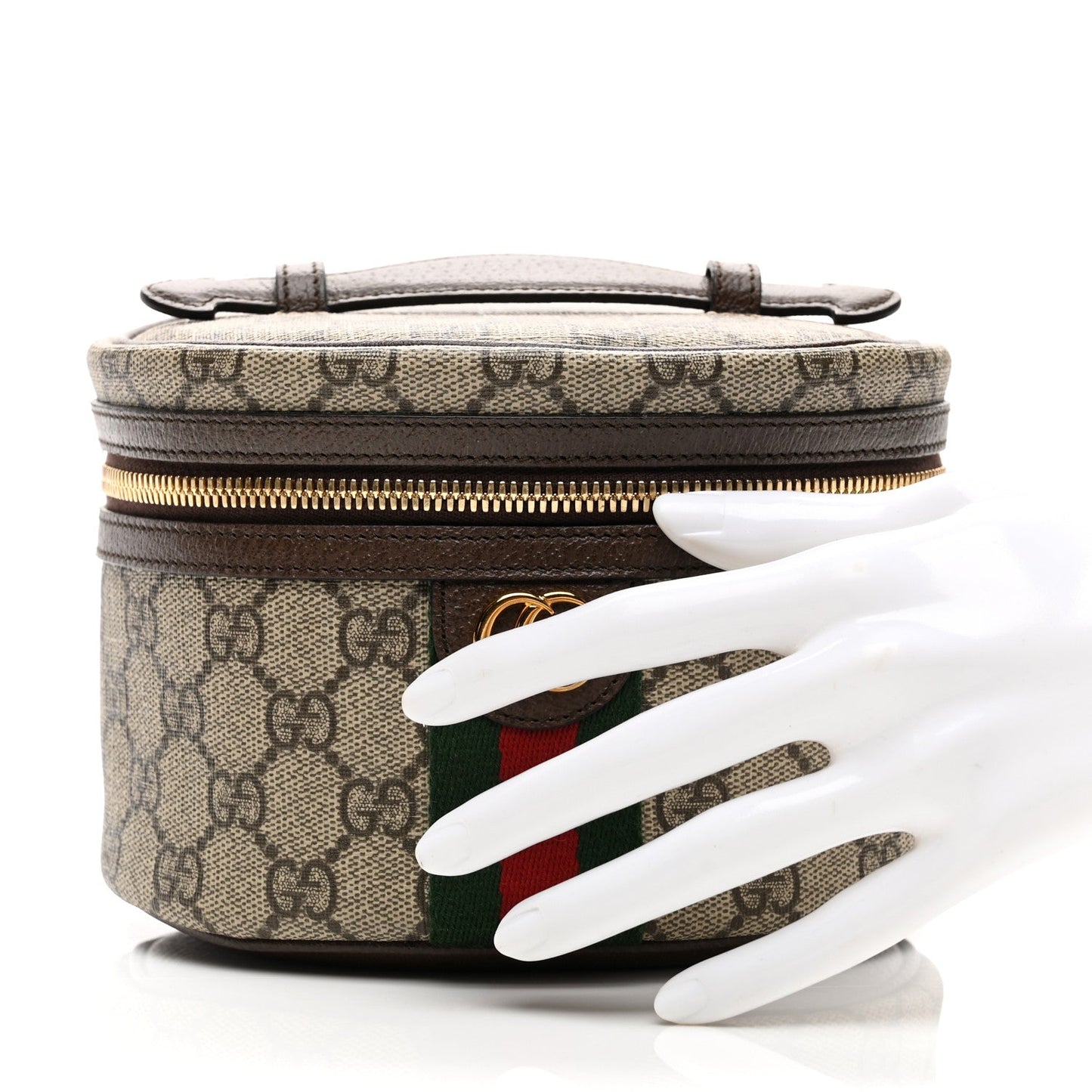 GG Supreme Monogram Textured Calfskin Web Ophidia Vanity Cosmetic Case Beige Ebony New Acero