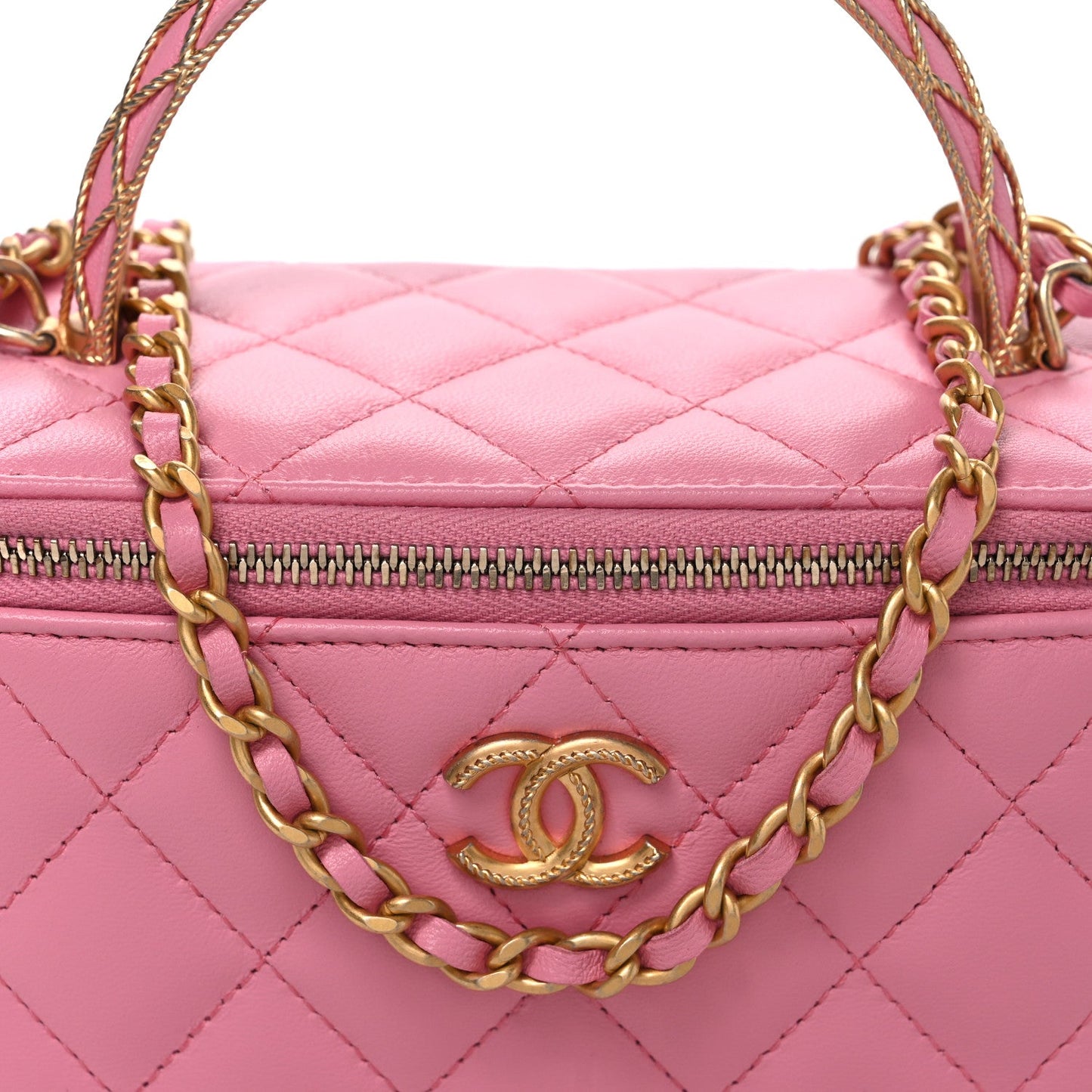 Lambskin Quilted Metal Twist Small Top Handle Vanity Case With Chain Pink