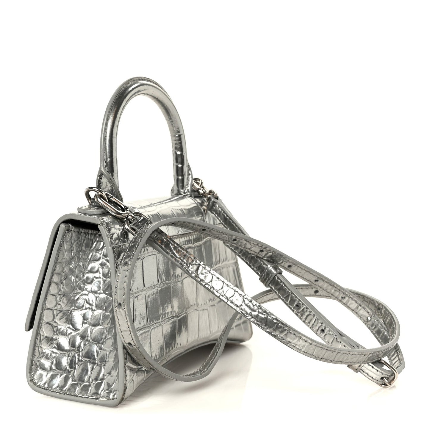 Metallic Calfskin Crocodile Embossed Hourglass Top Handle Bag XS Silver
