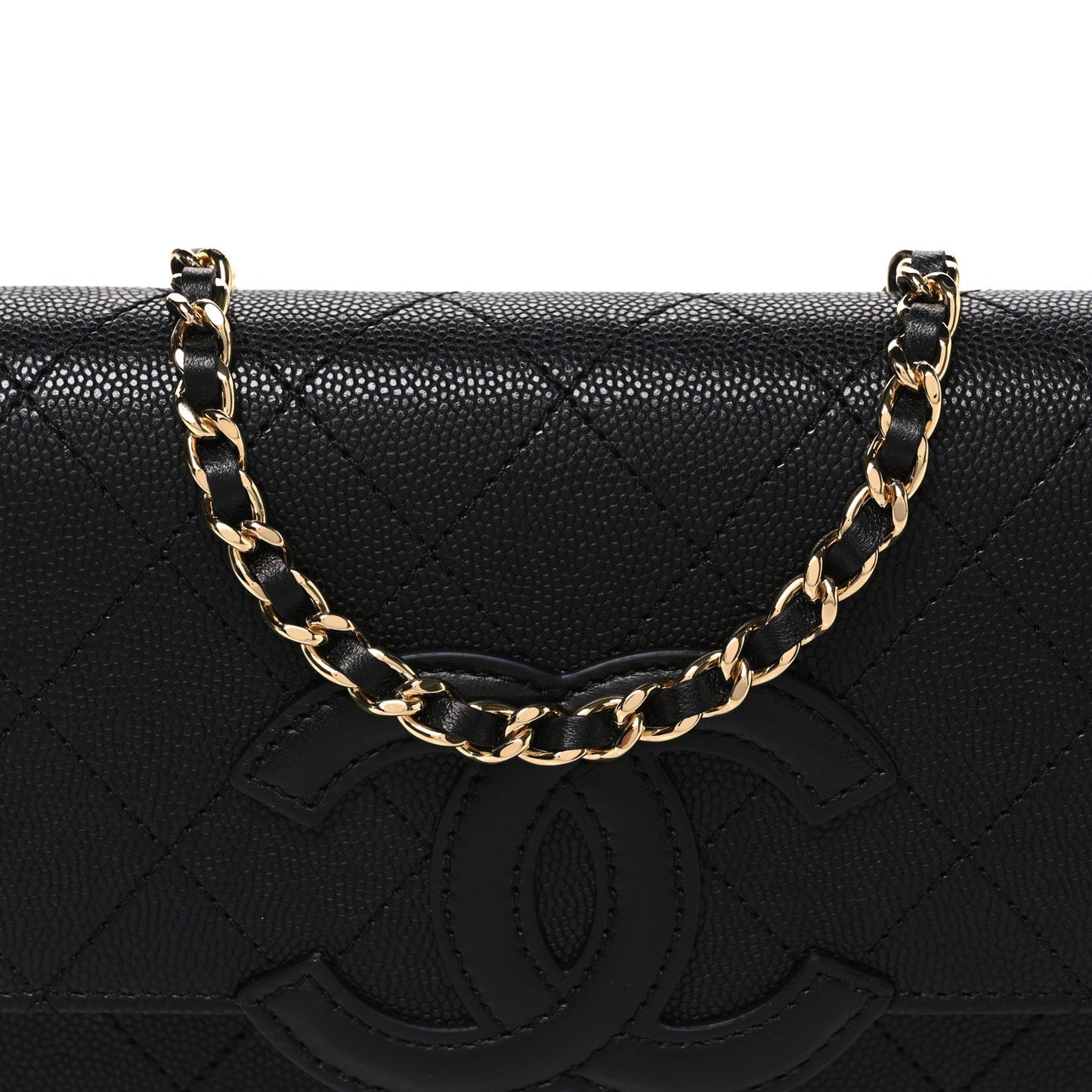 Shiny Caviar Lambskin Quilted CC Neo Filigree Wallet on Chain WOC Black