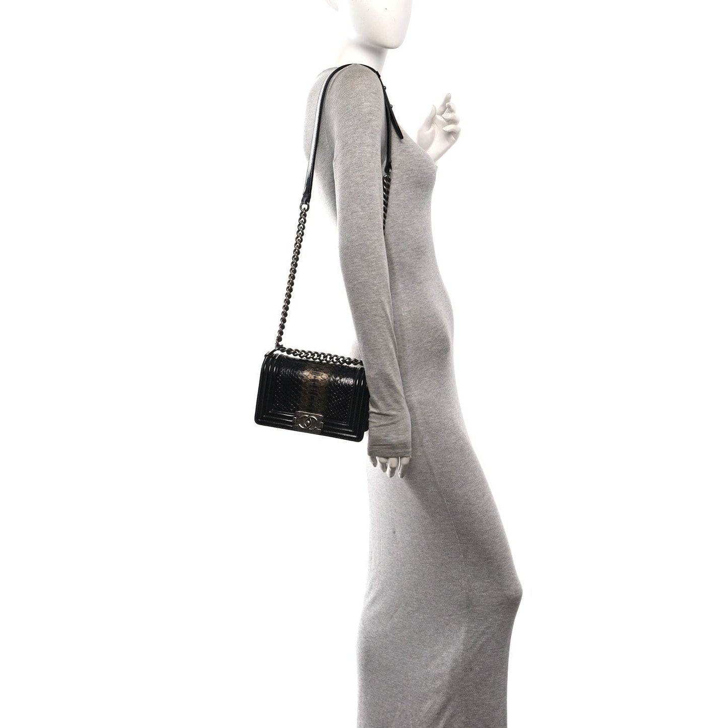 Patent Calfskin Snakeskin Small Boy Flap Black Silver