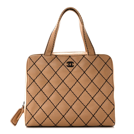Calfskin Wild Stitch Vertical Top Handle Bag Beige