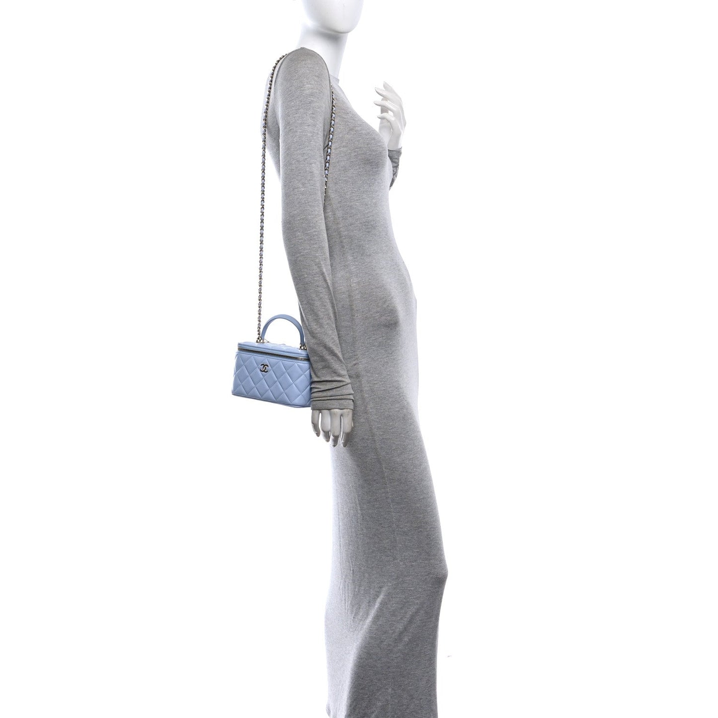 Lambskin Quilted Small Top Handle Vanity Case With Chain Light Blue
