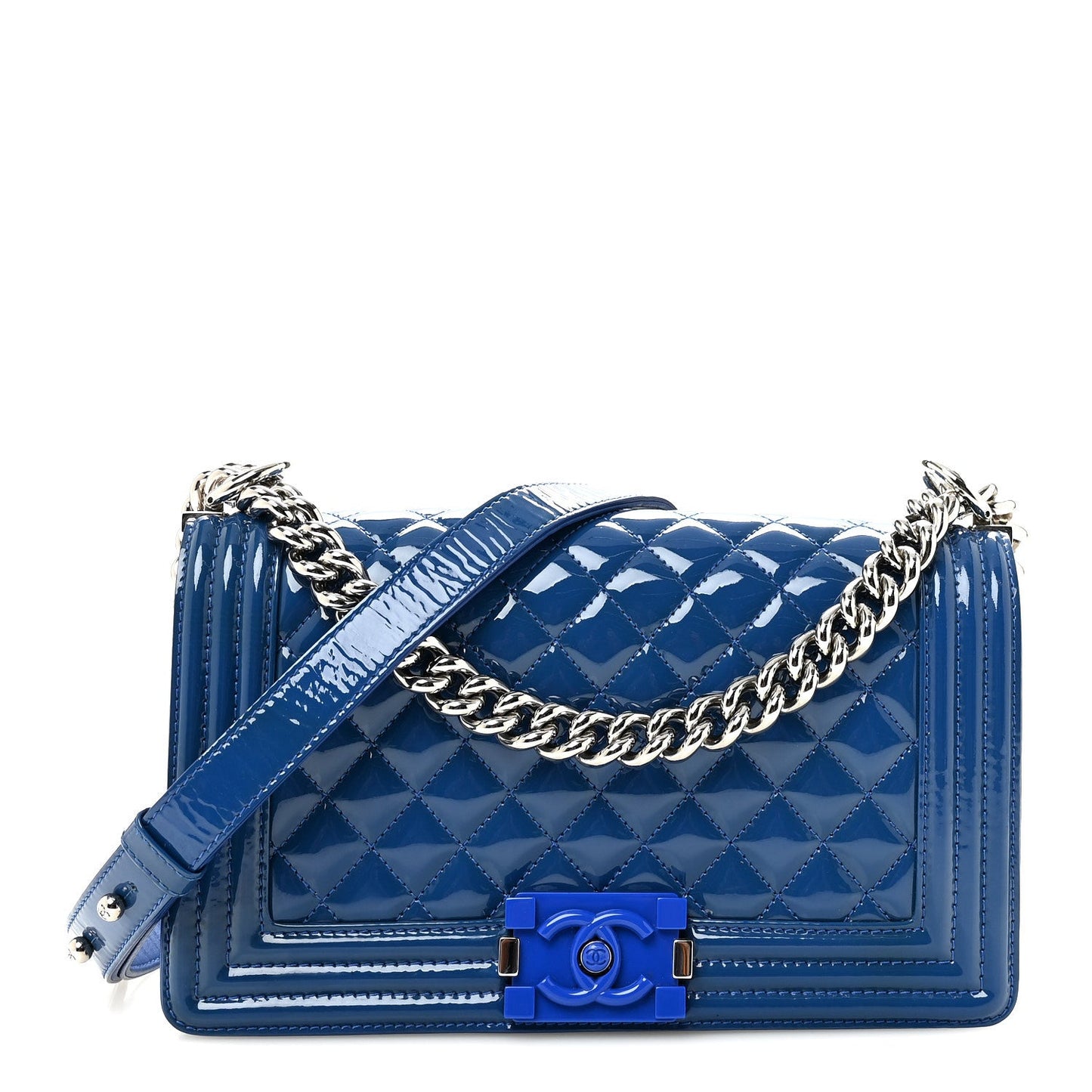 Patent Calfskin Quilted Medium Plexiglass Boy Flap Blue