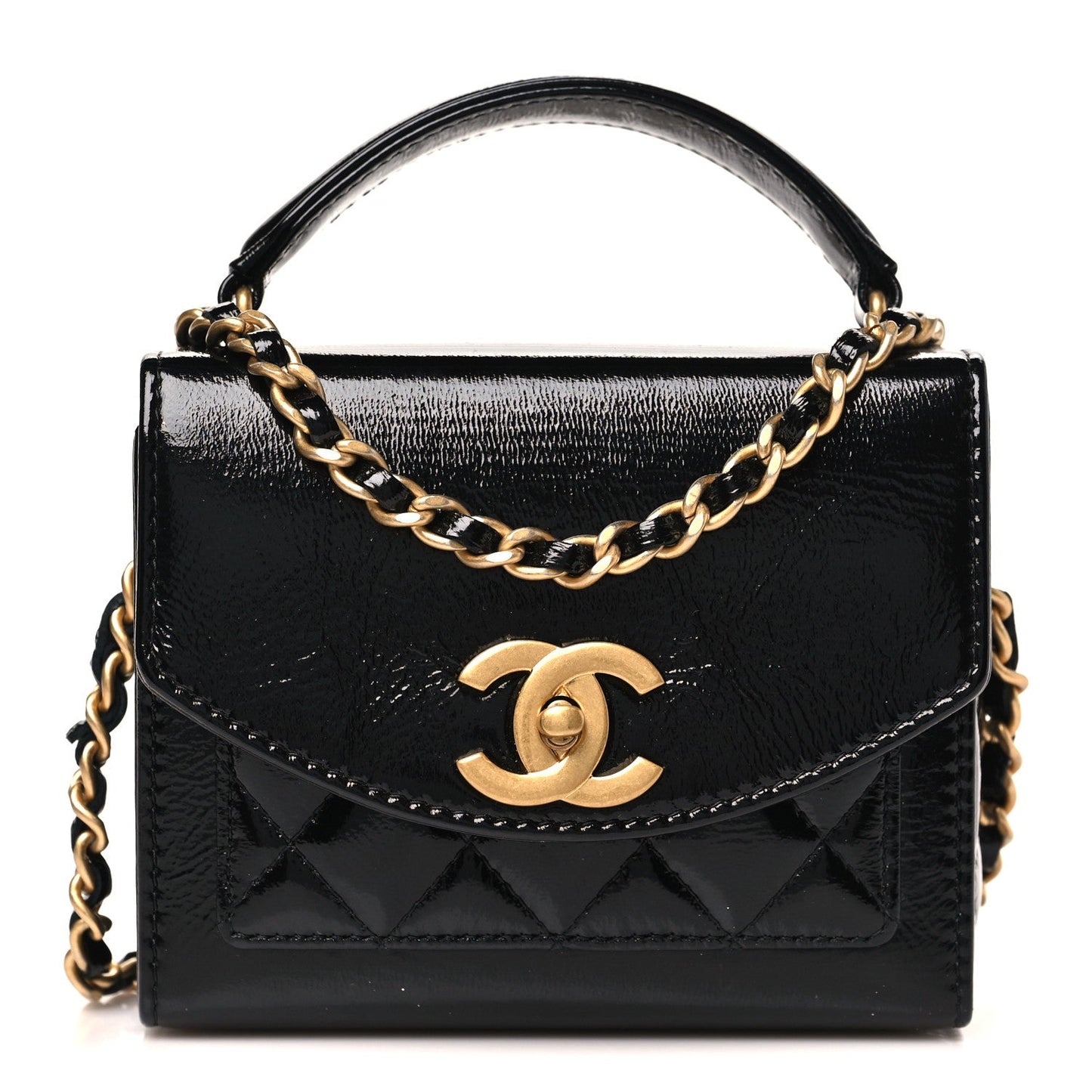 Shiny Lambskin Quilted Top Handle Card Holder On Chain Black