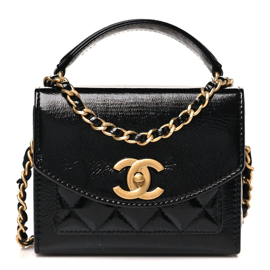 Shiny Lambskin Quilted Top Handle Card Holder On Chain Black
