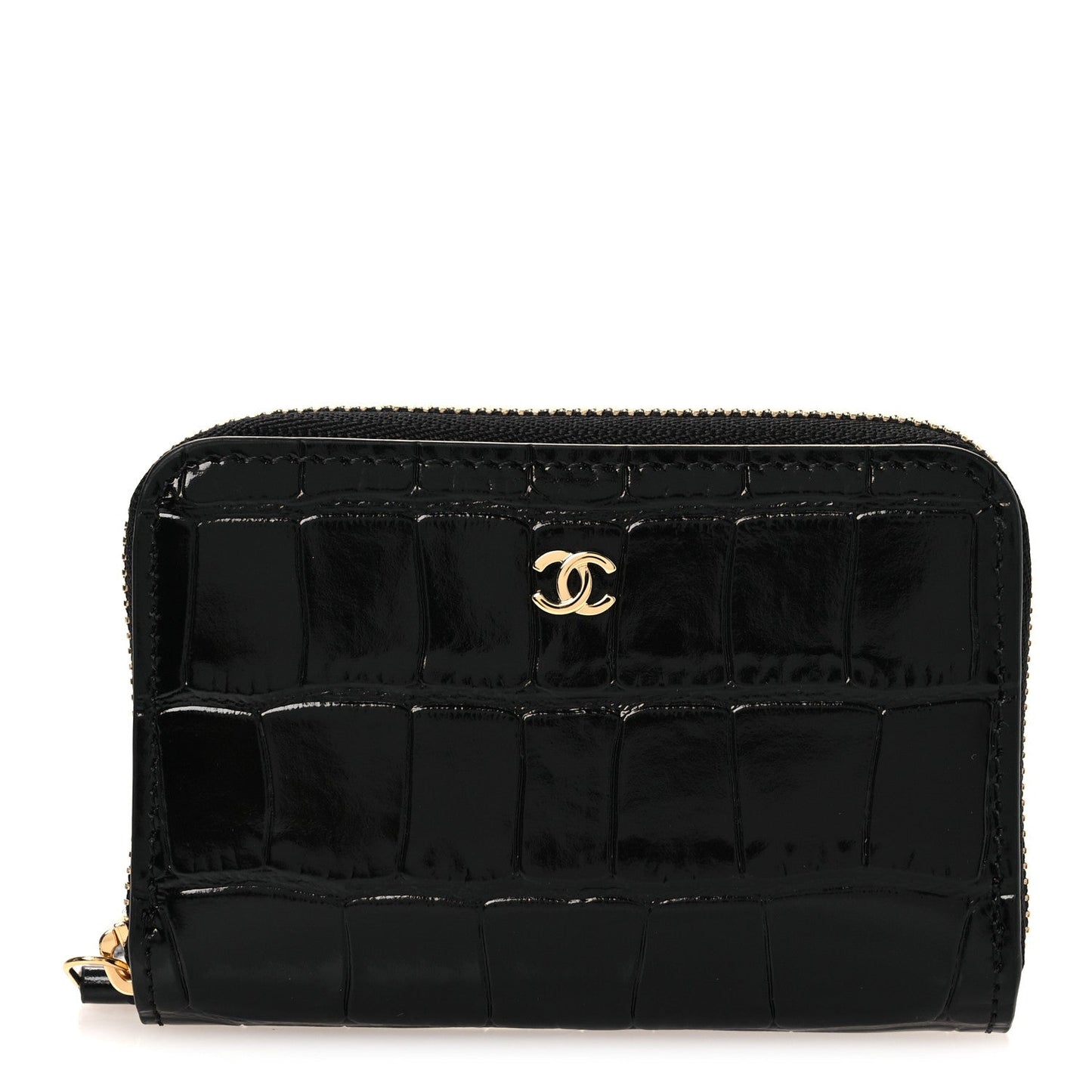 Calfskin Crocodile Embossed Crococo Zip Coin Purse Black
