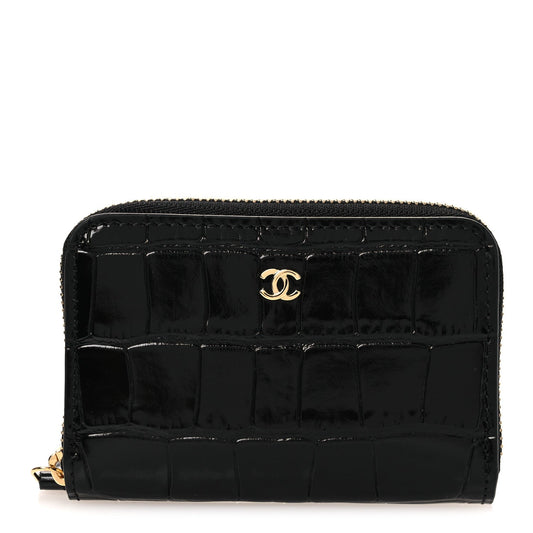 Calfskin Crocodile Embossed Crococo Zip Coin Purse Black