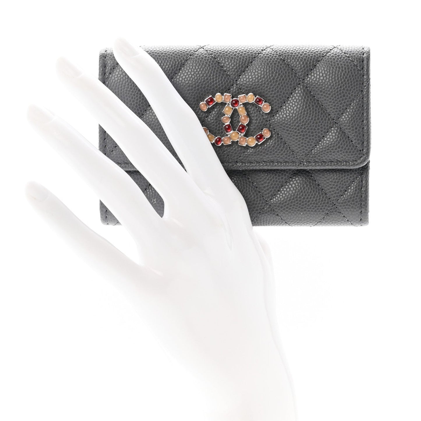 Shiny Caviar Enamel Quilted CC Flap Card Holder Grey